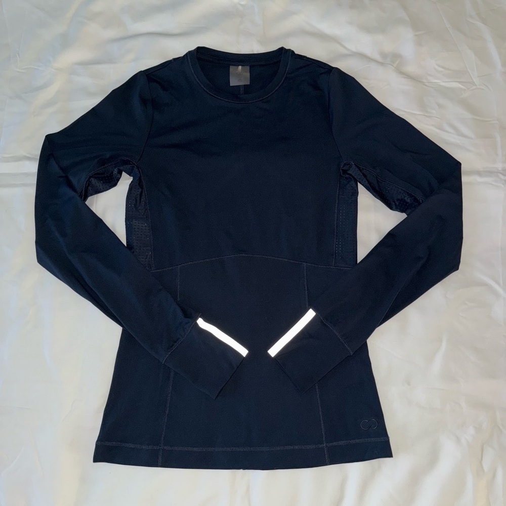 Dark Blue Long Sleeve Running Top With Breathable Panels And Reflective Detail